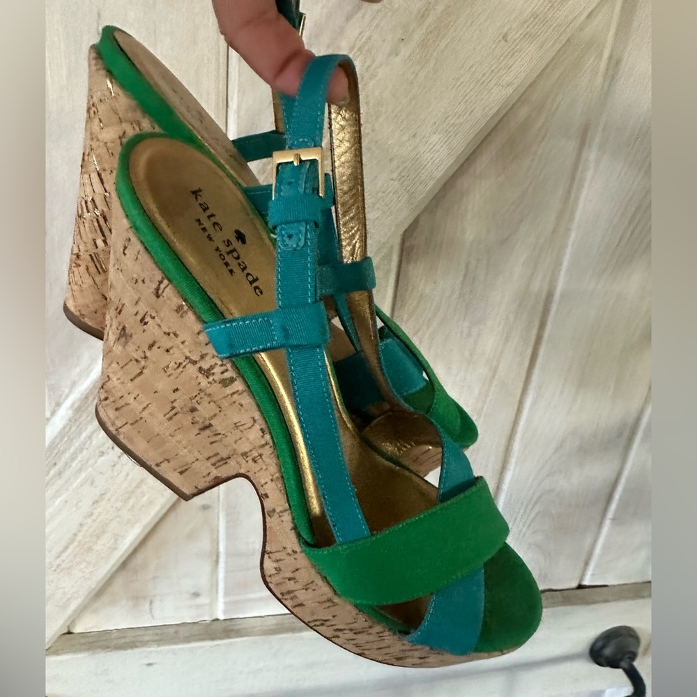kate spade Teal and Green Cork Wedge Sandals